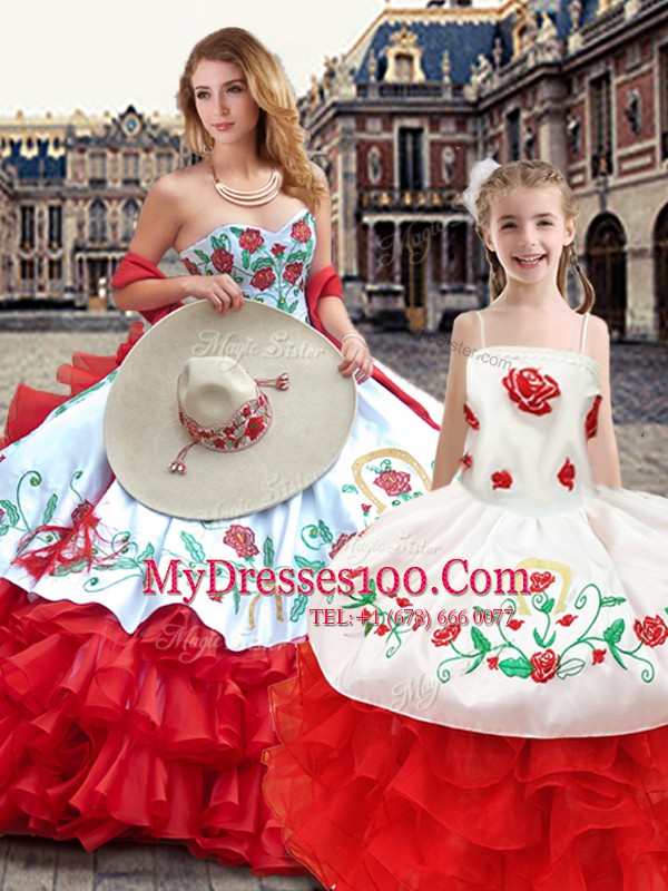White And Red Lace Up Ball Gown Prom Dress Embroidery Sleeveless Floor Length