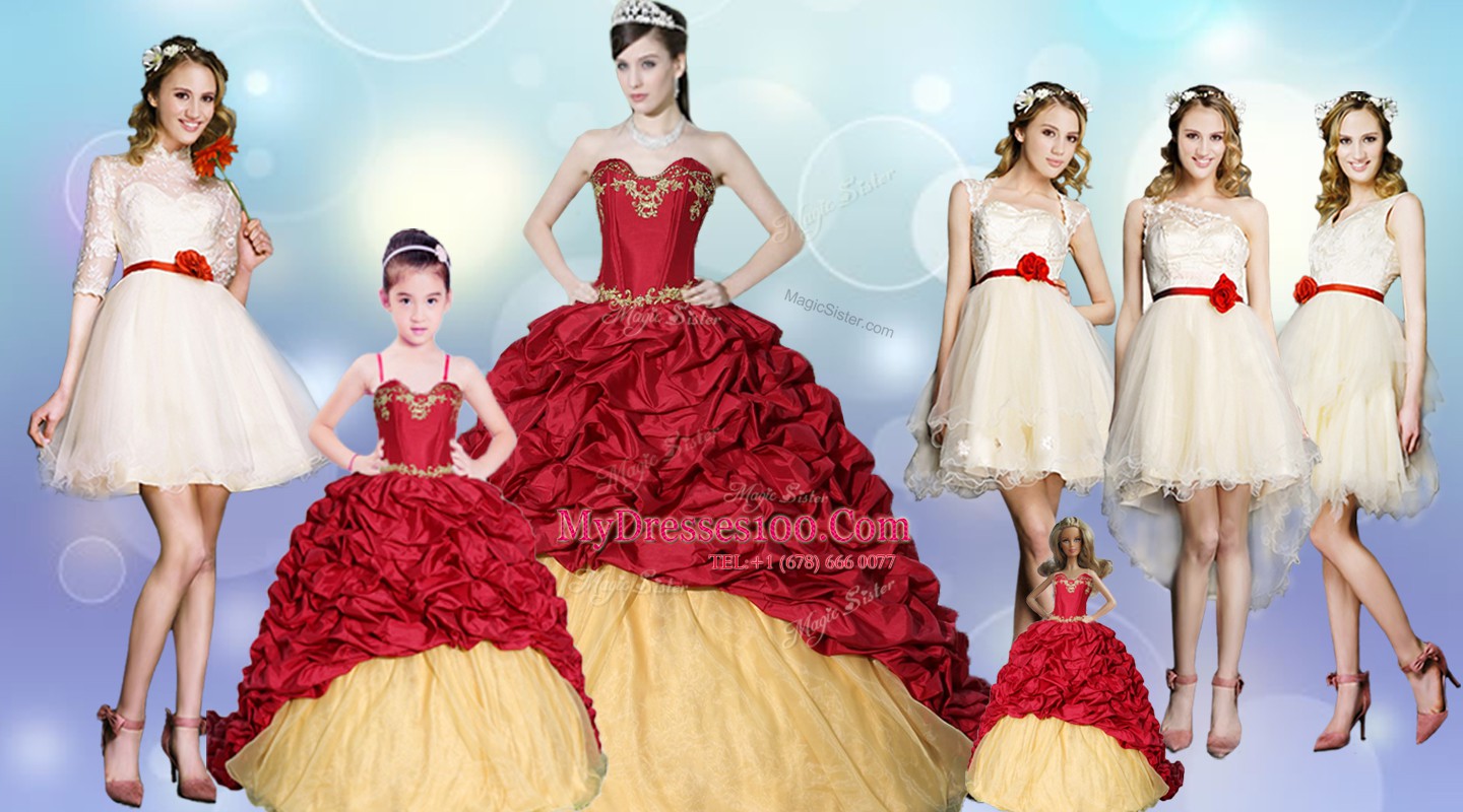 Glamorous Wine Red Ball Gowns Sweetheart Sleeveless Taffeta With Brush Train Lace Up Beading and Appliques and Pick Ups Sweet 16 Dress