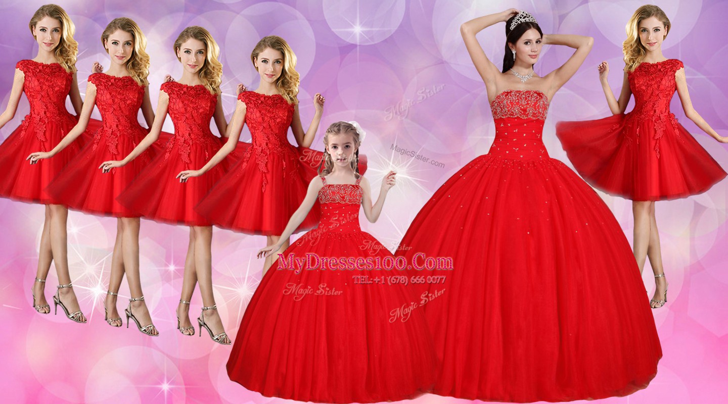 Red Lace Up 15th Birthday Dress Beading Sleeveless Floor Length